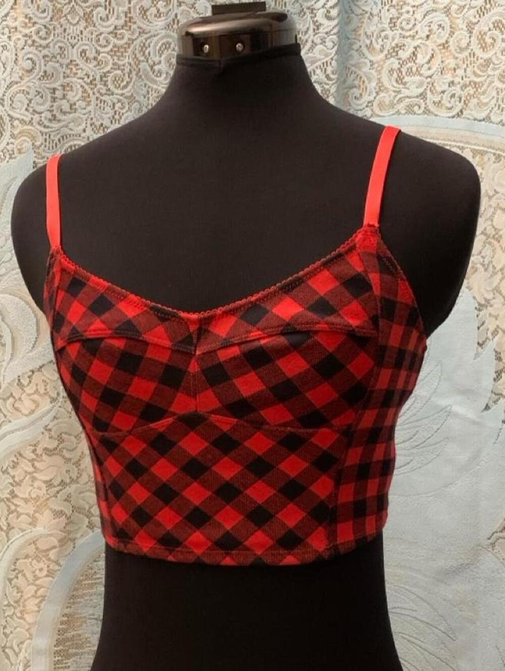 Free People Intimately Plaid Bustier Crop Top Red Black Checkered Bustier Cami